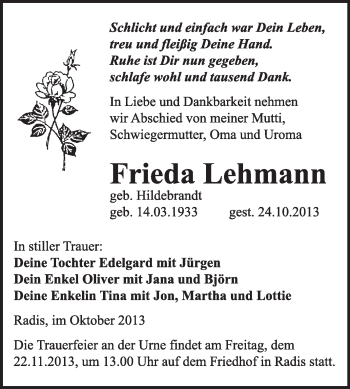 Traueranzeige von Frieda Lehmann von WVG - Wochenspiegel Wittenberg