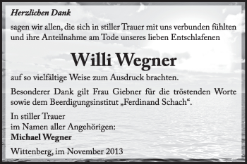 Traueranzeige von Willi Wegner von WVG - Wochenspiegel Wittenberg