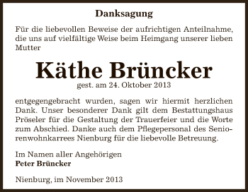 Traueranzeige von Käthe Brüncker von Super Sonntag Bernburg