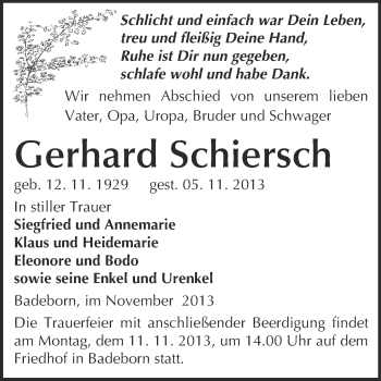 Traueranzeige von Gerhard Schiersch von WVG - Wochenspiegel Quedlinburg
