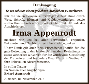 Traueranzeige von Irma Appenrodt von Super Sonntag Bernburg