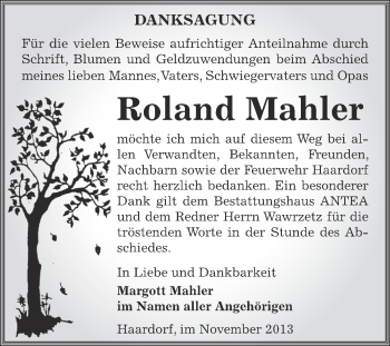 Traueranzeige von Roland Mahler von Super Sonntag Zeitz