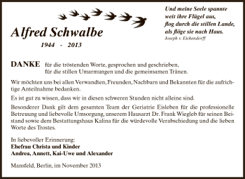 Traueranzeige von Alfred Schwalbe von Wochenspiegel Mansfelder Land