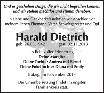 Traueranzeige von Harald Dietrich von WVG - Wochenspiegel Wittenberg