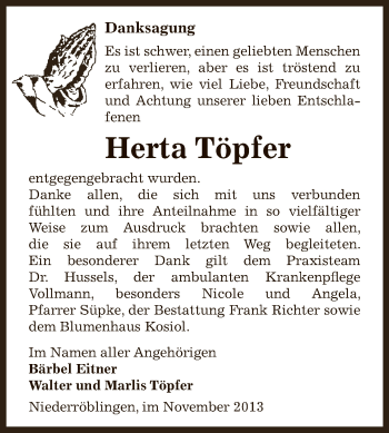 Traueranzeige von Herta Töpfer von Super Sonntag SGH Mansf. Land