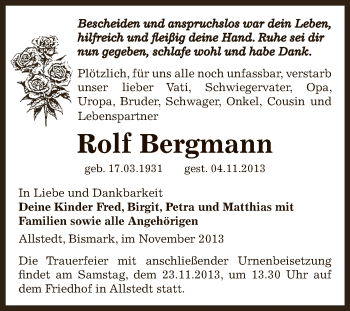 Traueranzeige von Rolf Bergmann von Super Sonntag SGH Mansf. Land