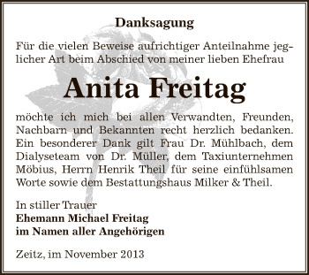 Traueranzeige von Anita Freitag von Super Sonntag Zeitz