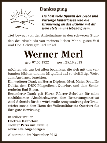 Traueranzeige von Werner Merl von Super Sonntag Zeitz