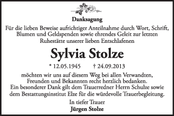 Traueranzeige von Sylvia Stolze von Super Sonntag Dessau / Köthen