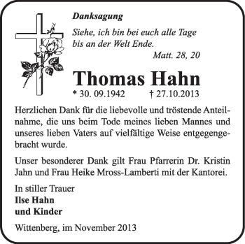 Traueranzeige von Thomas Hahn von Super Sonntag Wittenberg