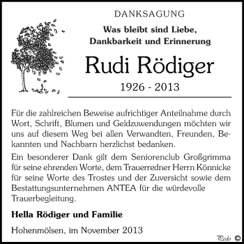 Traueranzeige von Rudi Rödiger von WVG - Wochenspiegel NMB / WSF / ZTZ