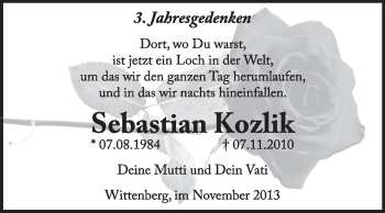 Traueranzeige von Sebastian Kozlik von Super Sonntag Wittenberg