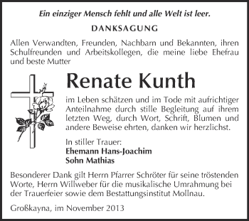 Traueranzeige von Renate Kunth von WVG - Wochenspiegel Merseburg