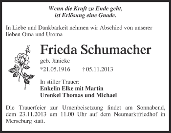 Traueranzeige von Frieda Schumacher von Super Sonntag Merseburg