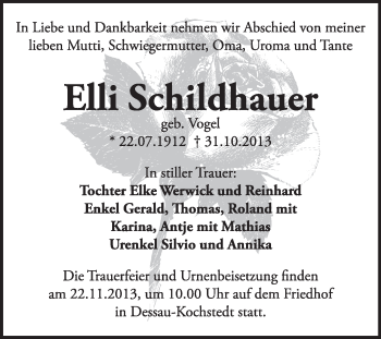 Traueranzeige von Elli Schildhauer von Super Sonntag Dessau / Köthen
