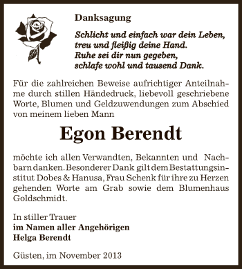 Traueranzeige von Egon Berendt von Super Sonntag Bernburg