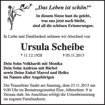 Traueranzeige von Ursula Scheibe von Super Sonntag Dessau / Köthen