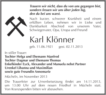Traueranzeige von Karl Klönner von WVG - Wochenspiegel Halle