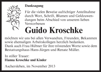 Traueranzeige von Guido Kroschke von Super Sonntag Aschersleben