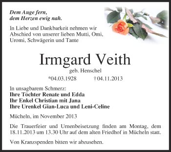 Traueranzeige von Irmgard Veith von WVG - Wochenspiegel Merseburg