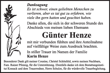 Traueranzeige von Günter Henze von Super Sonntag Dessau / Köthen