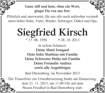 Traueranzeige von Siegfried Kirsch von Super Sonntag Merseburg