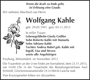 Traueranzeige von Wolfgang Kahle von WVG - Wochenspiegel NMB / WSF / ZTZ