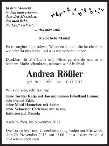 Traueranzeige von Andrea Rößler von Super Sonntag Aschersleben