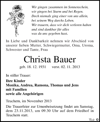 Traueranzeige von Christa Bauer von WVG - Wochenspiegel NMB / WSF / ZTZ