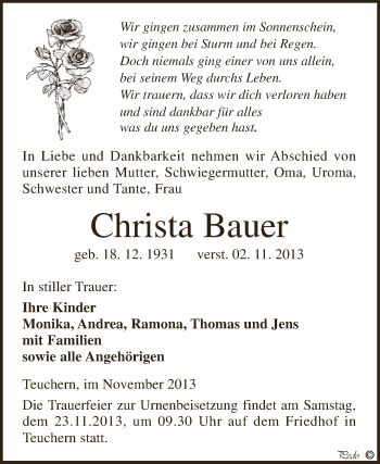 Traueranzeige von Christa Bauer von Super Sonntag Zeitz