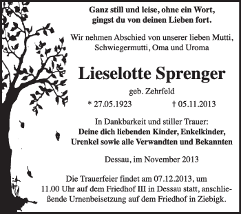 Traueranzeige von Lieselotte Sprenger von Super Sonntag Dessau / Köthen