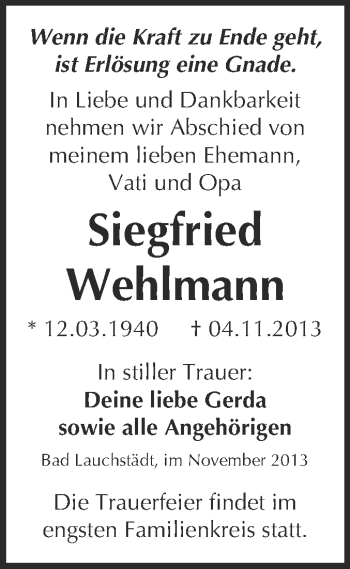 Traueranzeige von Siegfried Wehlmann von WVG - Wochenspiegel Merseburg