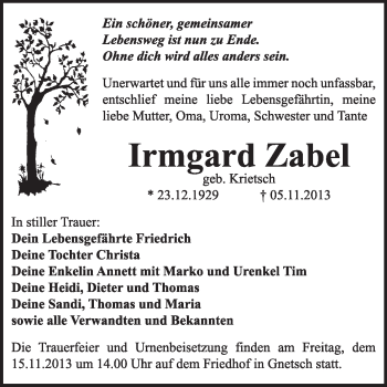 Traueranzeige von Irmgard Zabel von Super Sonntag Dessau / Köthen