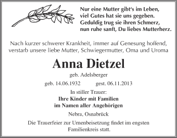Traueranzeige von Anna Dietzel von WVG - Wochenspiegel NMB / WSF / ZTZ