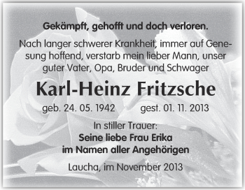 Traueranzeige von Karl-Heinz Fritzsche von WVG - Wochenspiegel NMB / WSF / ZTZ