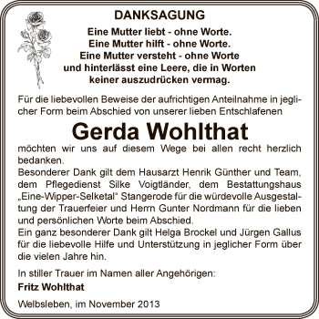 Traueranzeige von Gerda Wohlthat von Wochenspiegel Mansfelder Land