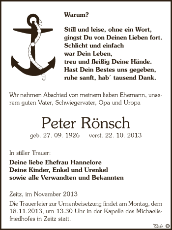 Traueranzeige von Peter Rönsch von Super Sonntag Zeitz