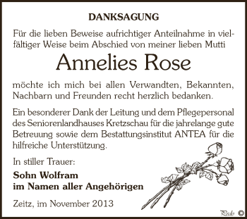 Traueranzeige von Annelies Rose von Super Sonntag Zeitz