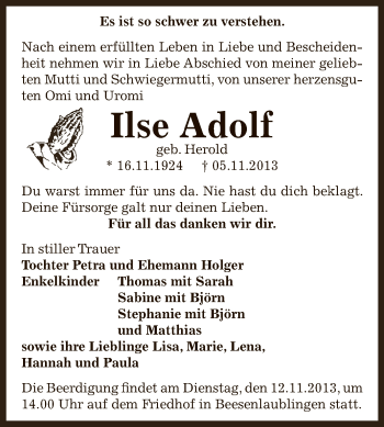 Traueranzeige von Ilse Adolf von Super Sonntag Bernburg