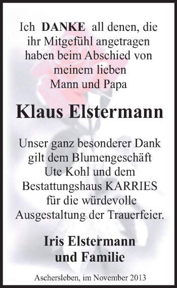 Traueranzeige von Klaus Elstermann von WVG - Wochenspiegel Quedlinburg