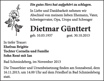 Traueranzeige von Dietmar Günttert von WVG - Wochenspiegel Wittenberg