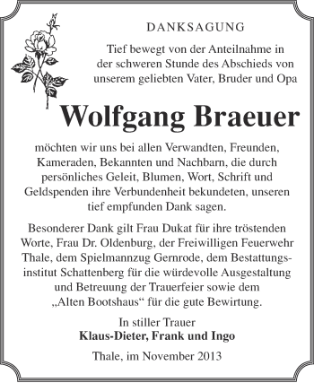Traueranzeige von Wolfgang Braeuer von WVG - Wochenspiegel Quedlinburg