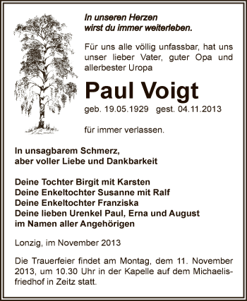 Traueranzeige von Paul Voigt von Super Sonntag Zeitz