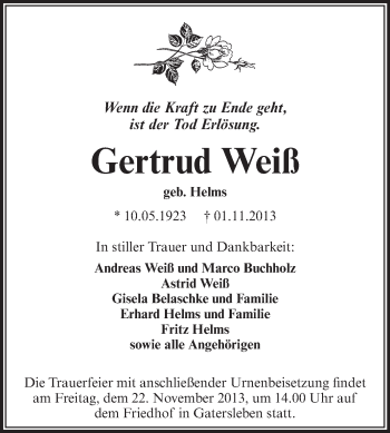 Traueranzeige von Gertrud Weiß von WVG - Wochenspiegel Aschersleben
