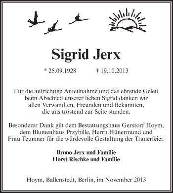 Traueranzeige von Sigrid Jerx von Super Sonntag Aschersleben