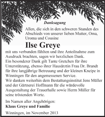 Traueranzeige von Ilse Greye von WVG - Wochenspiegel Aschersleben