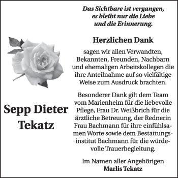 Traueranzeige von Sepp Dieter Tekatz von Super Sonntag Dessau / Köthen