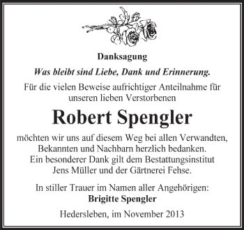 Traueranzeige von Robert Spengler von WVG - Wochenspiegel Aschersleben