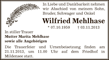 Traueranzeige von Wilfried Mehlhase von WVG - Wochenspiegel Dessau / Köthen