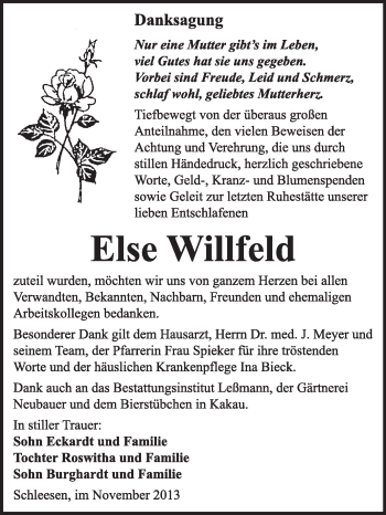 Traueranzeige von Else Willfeld von WVG - Wochenspiegel Wittenberg